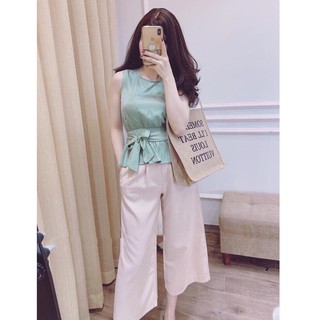 Sét Đồ Bộ Nữ Đi Chơi Áo Đũi Sát Nách Thắt Dây Nơ Bụng & Quần UMI Ống Rộng Thời Trang Thiết Kế