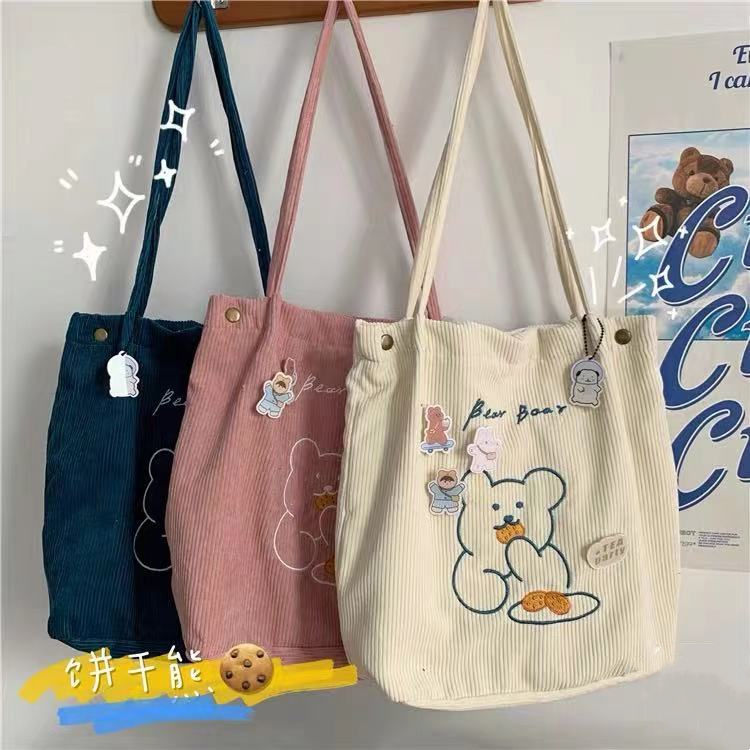 Canvas Bag Female Student Korean Style Retro College Style All-Matching Corduroy Shopping Handbag Female