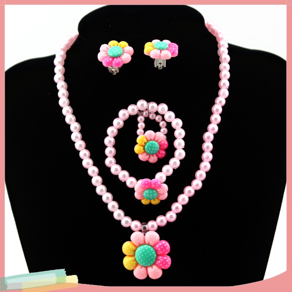 Bộ Trang Sức Gồm Vòng cổ / Vòng Tay / Nhẫn / Bông Tai Hình Hoa Đính Ngọc Trai Nhân Tạo Dễ Thương Cho Bé Gái