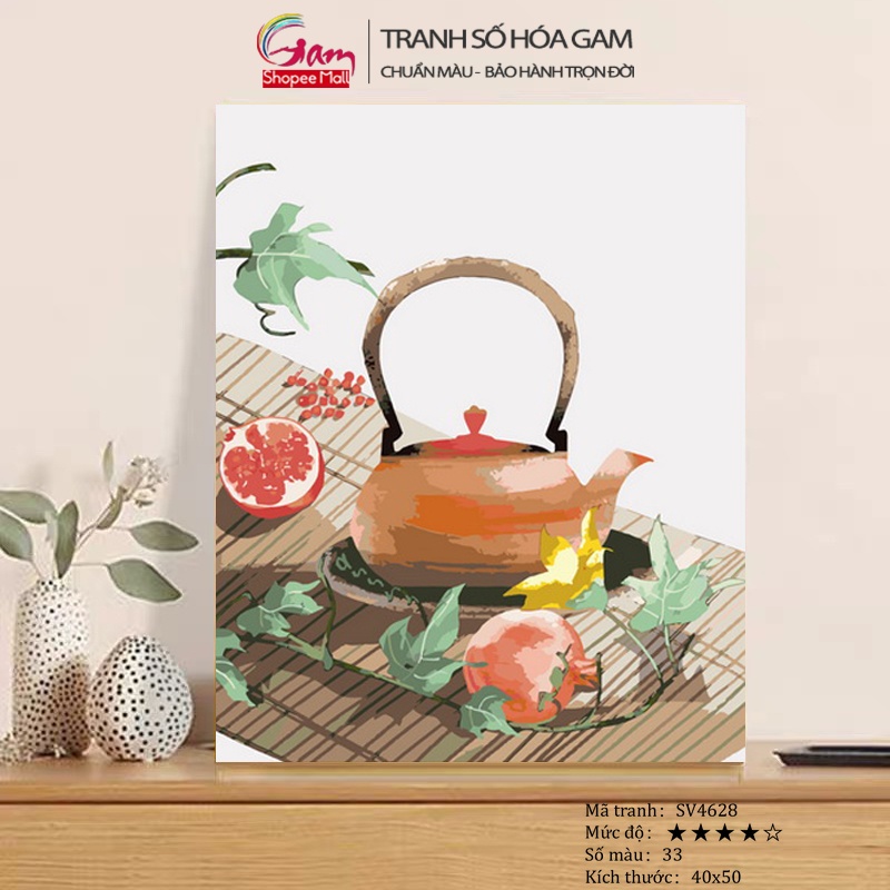 Tranh Treo Tường Trang Trí GAM Tự Tô Màu Theo Số Ấm Trà Có Khung Nâng Cấp Lọ Màu 5ml Kèm 2 Bộ Cọ SV4628