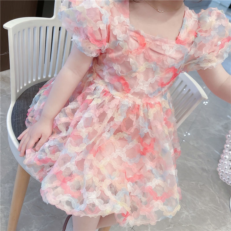 Đầm công chúa tay ngắn phối lưới dễ thương thiết kế thời trang phong cách Hàn Quốc cho bé gái