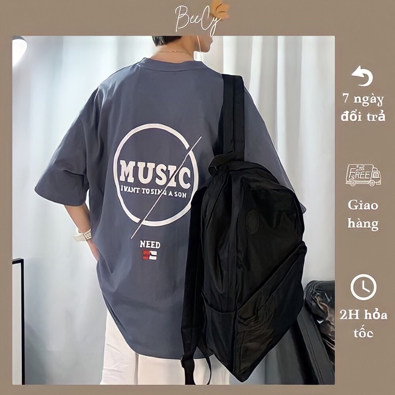 Áo phông form rộng nam nữ BeeCy dáng thun unisex kiểu tay lỡ cổ tròn in chữ MUSIC chất dày dặn mã AT003