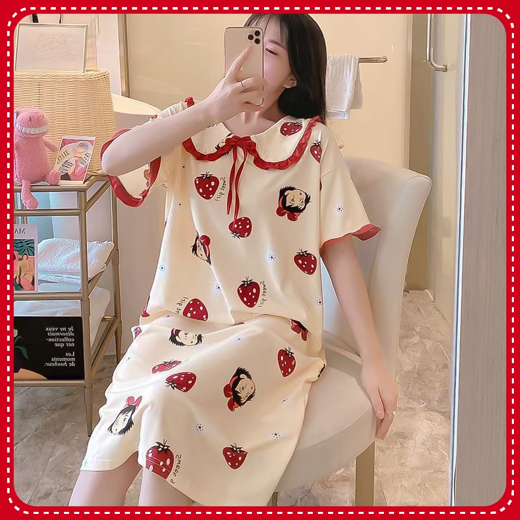 Váy ngủ, Đầm ngủ dễ thương ngắn tay Cổ bèo phong cách tiểu thư xinh xắn