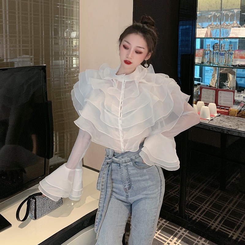 Áo kiểu somi nữ freesize cổ bèo tầng tay dài ống loe organza tơ von dáng suông trong suốt trẻ trung teen hotgirl độc lạ