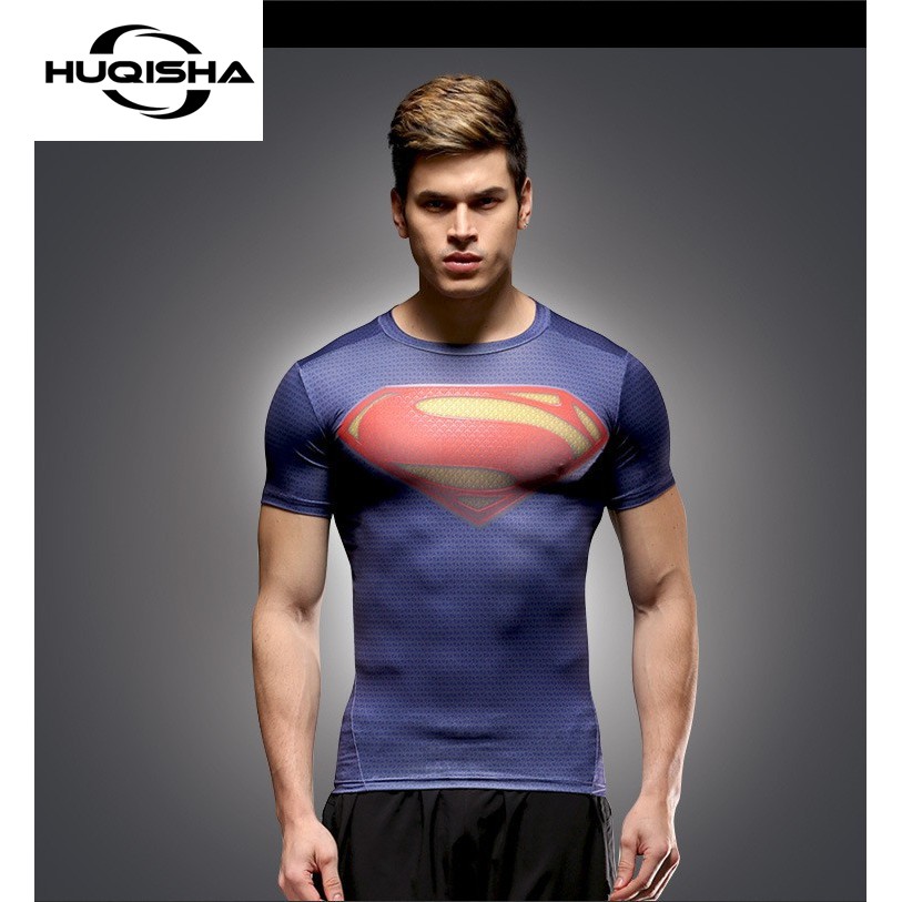 Áo thun thể hình HUQISHA ngắn tay chất vải nén nhanh khô in họa tiết siêu anh hùng Marvel 3D cho nam