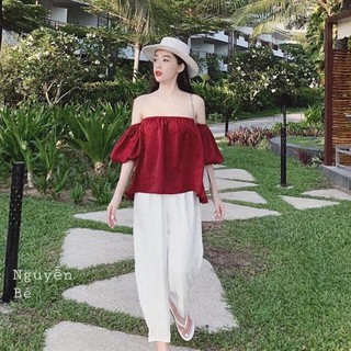 Sét áo nữ áo tay phồng kiểu trễ vai quần ống rộng