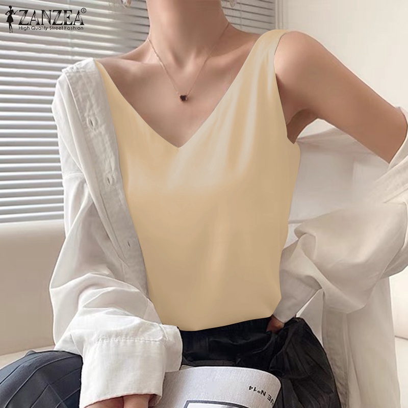 Áo lụa satin Zanzea sát nách cổ chữ V màu trơn thời trang cho nữ