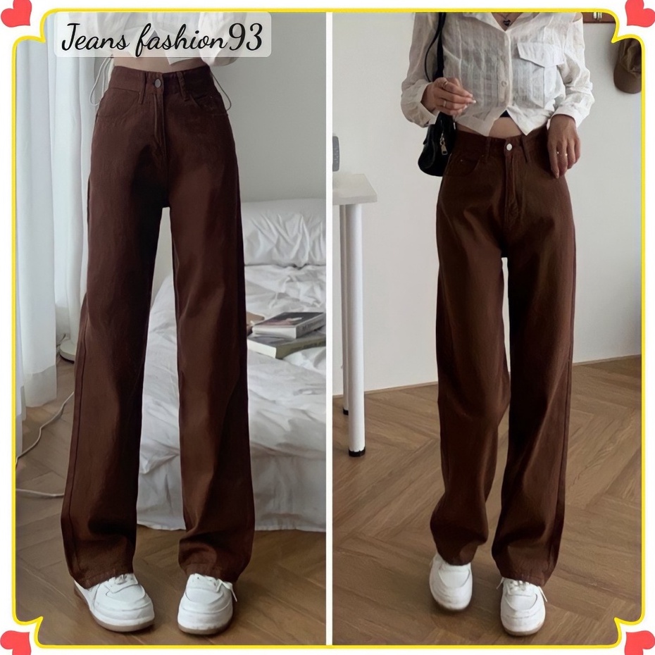 Quần kaki ống rộng lưng cao màu nâu đậm hottrend - Quần dài ống suông trơn basic