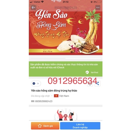 Yến sào Hồng sâm Đông Trùng Hạ Thảo, Yến sào 36% Hồng Sâm bồi dưỡng sức khoẻ, giúp đẹp da, ăn ngủ ngon 6 lọ chính hãng