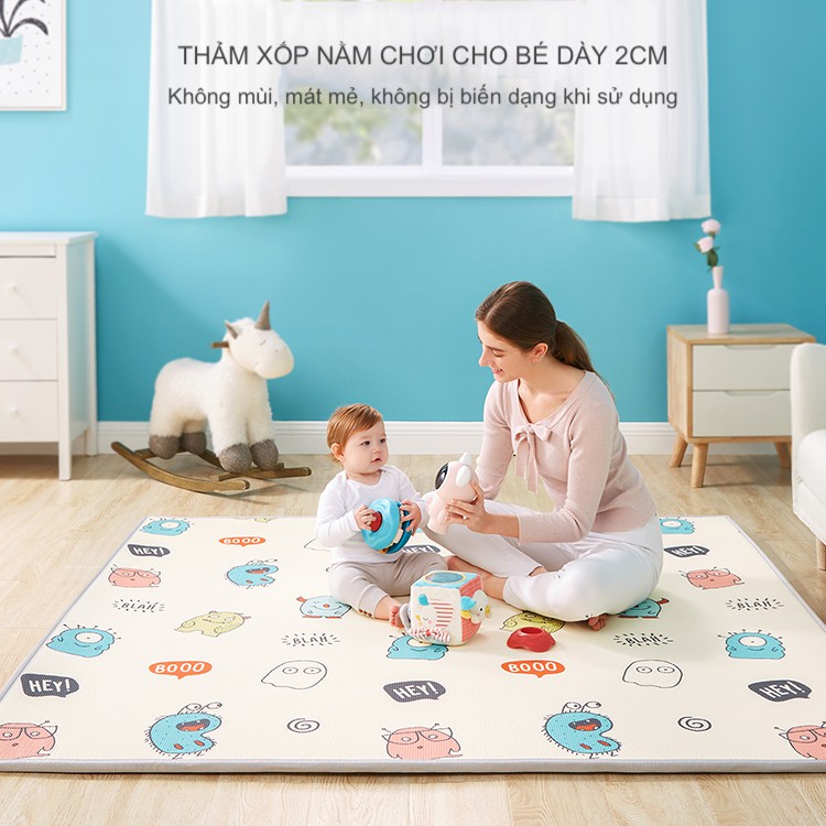 Thảm Xốp Nằm Chơi Cho Bé Thảm XPE Dày 2cm, Cuộn Tròn, Viền Bọc Vải, Không Mùi, Không Thấm Nước