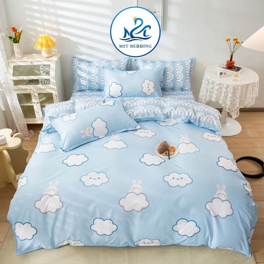 Bộ chăn ga gối Cotton poly M2T bedding gồm vỏ chăn mền, drap ga giường và 2 vỏ gối nằm - PL Mây xanh