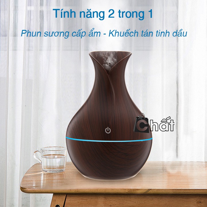 Máy xông tinh dầu vân gỗ có đèn led mẫu hoa tulip