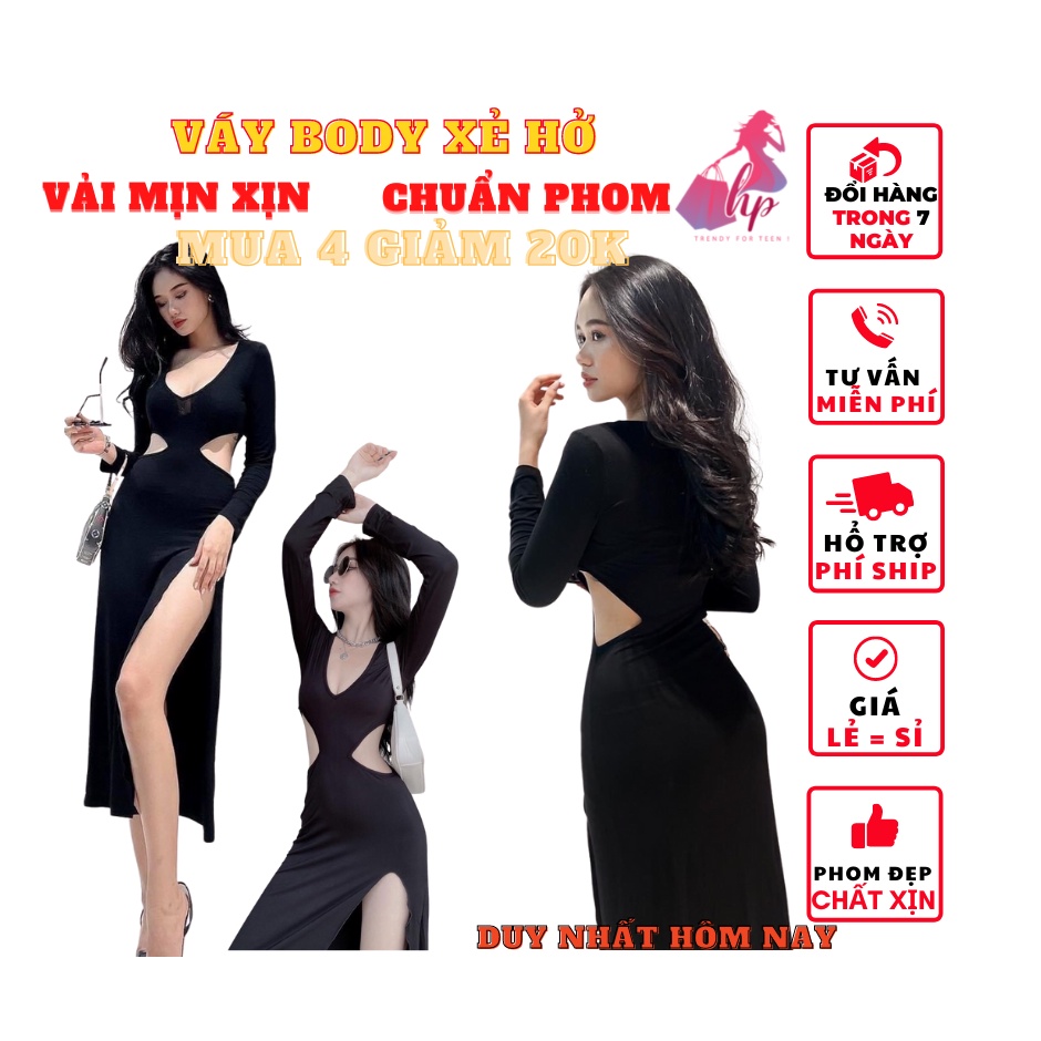 Váy đầm nữ dự tiệc body cổ tim tay dài khoét eo xẻ tà màu đen thun xịn sang chảnh phong cách  hàn 2022 | WebRaoVat - webraovat.net.vn