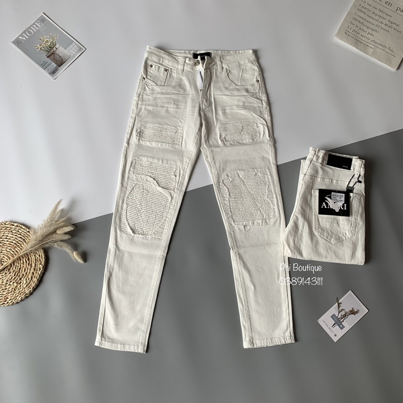 Quần Jean Nam Amiri White Phối Rách Vá Vải Nhăn Cao Cấp QJ110P