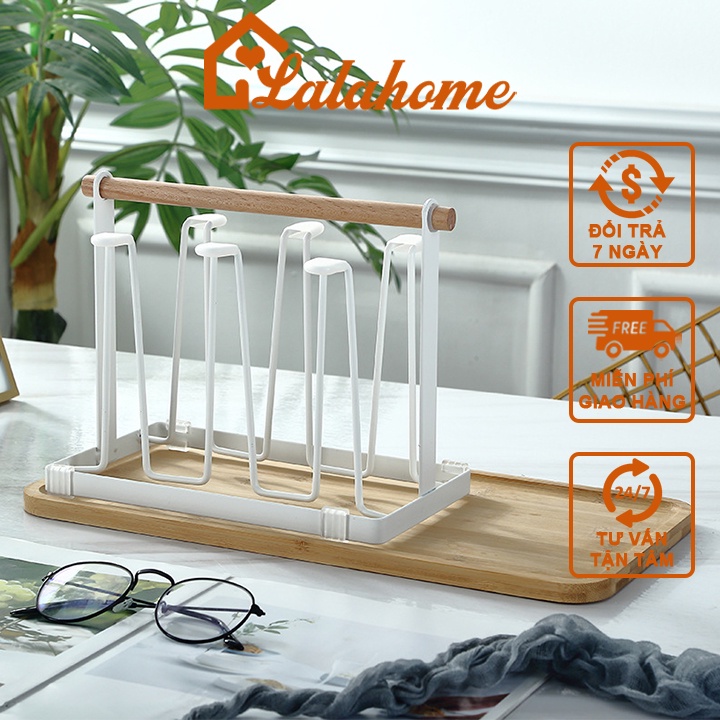 Khay úp cốc đa năng có giá đỡ kèm khay gỗ hứng nước tiện dụng, kệ úp cốc cao cấp LALALAND