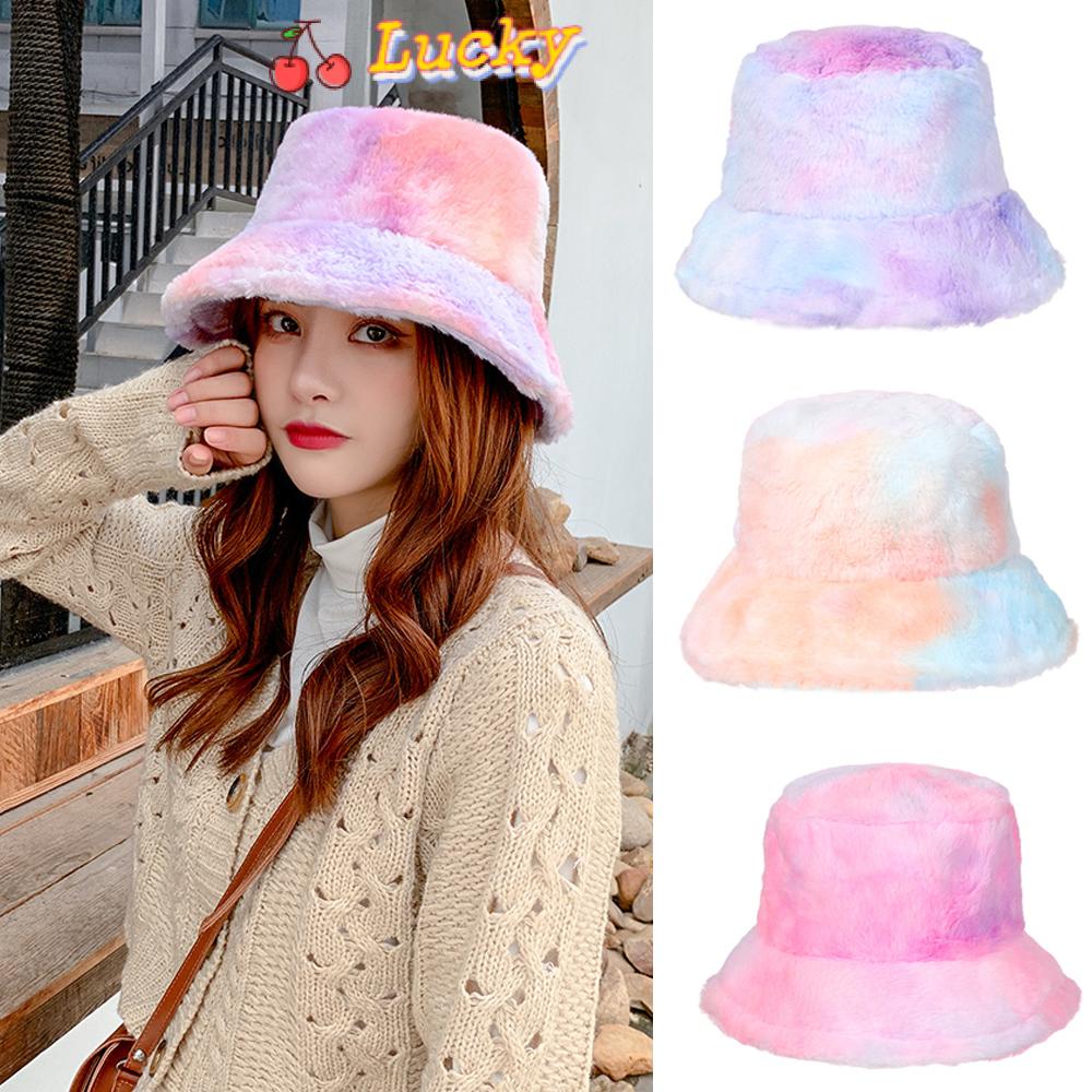 (Hàng Mới Về) Nón Bucket Giả Lông Thú Màu Sắc Cầu Vồng Thời Trang Cho Nữ