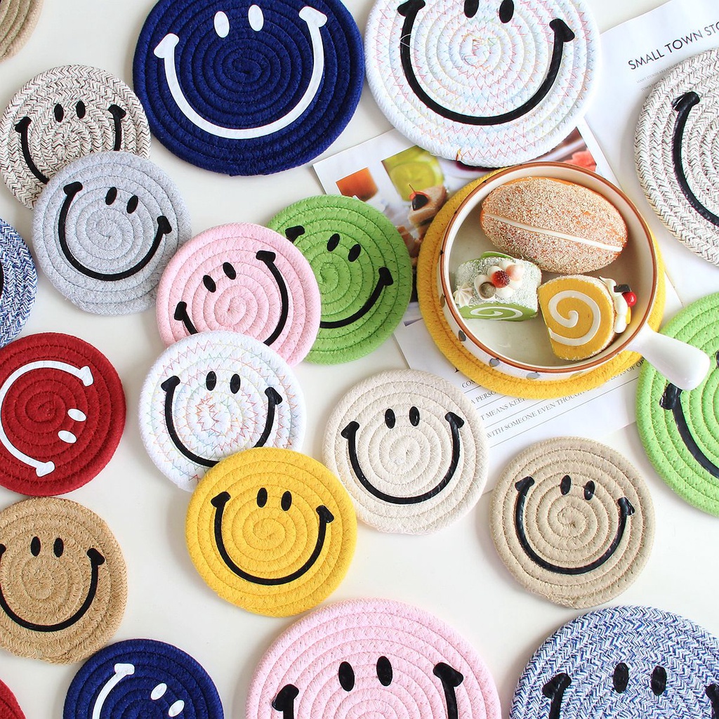 Tấm Lót Chén Dĩa Sợi Cotton Dệt Kim Họa Tiết Biểu Tượng Cảm Xúc Đơn Giản Cách Nhiệt Phong Cách Hàn Quốc
