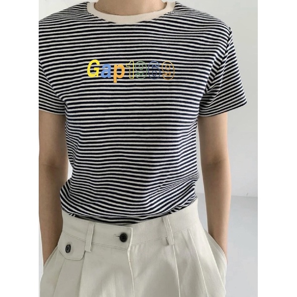 Áo thun kẻ sọc gap vnxk in chữ dễ thương