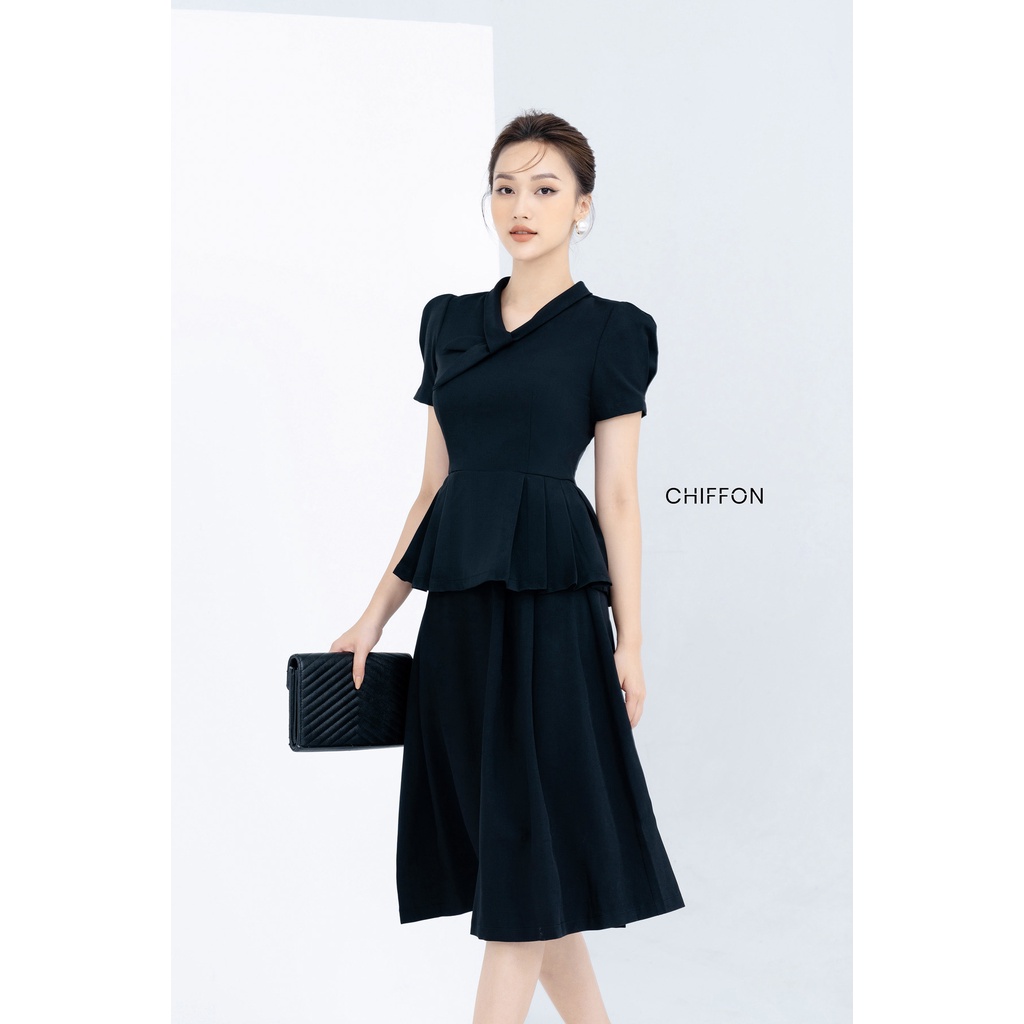 Áo vest ký giả eo xếp ly cổ cài vạt thiết kế Chiffon