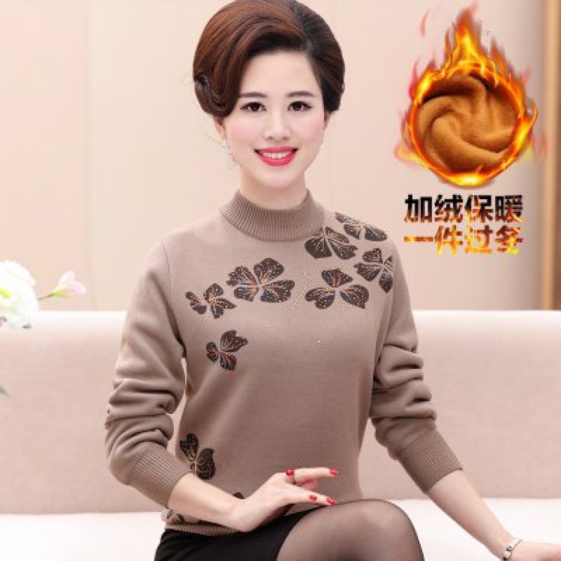 (Sẵn) Áo len trung niên nữ cao cấp, hoạ tiết hoa 4 lá, lót lông ấm áp, NV0561