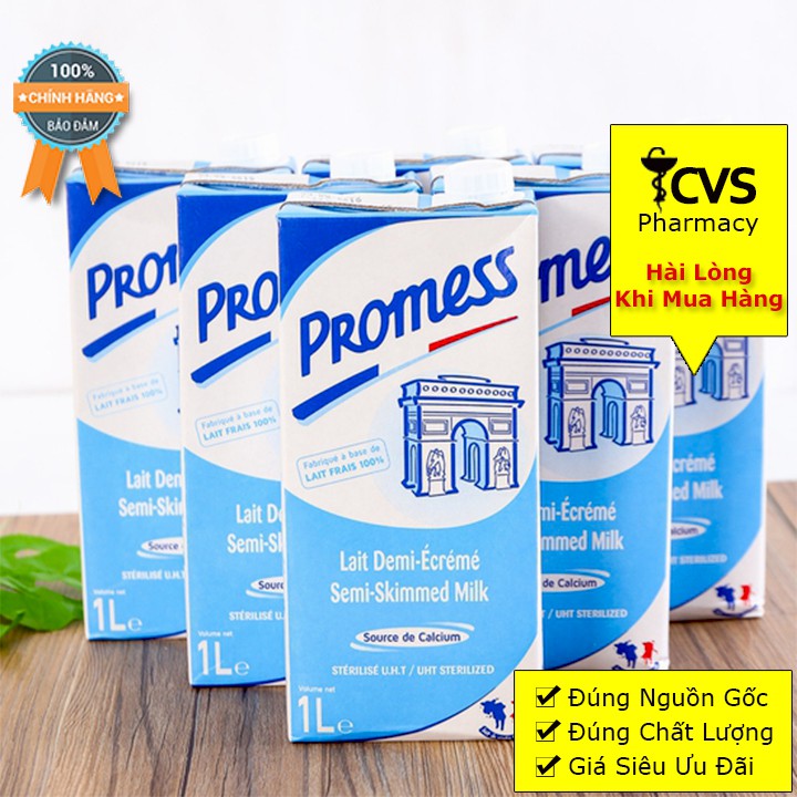 Thùng 6 Hộp - Sữa Tươi Pháp Promess - NGUYÊN KEM - ÍT BÉO - KHÔNG BÉO (1 Hộp/ 1L)