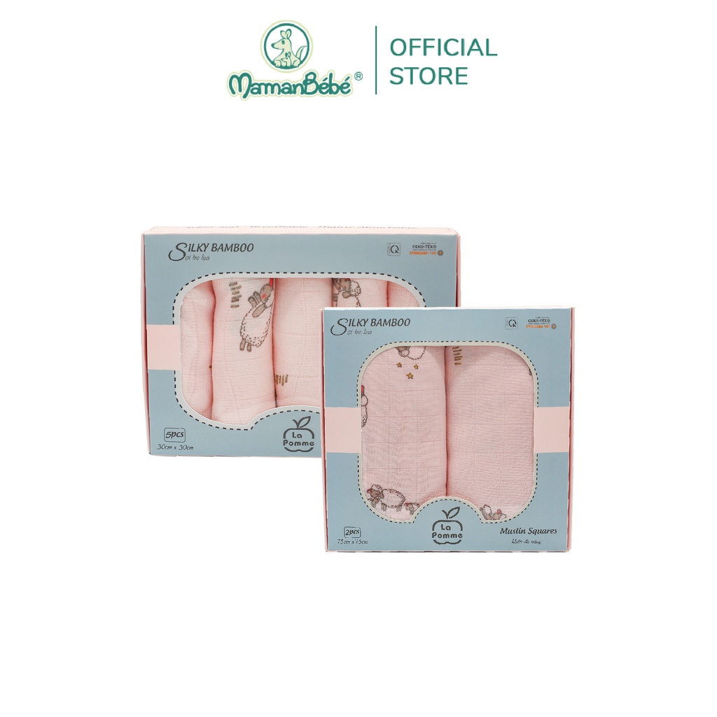 Combo 2 loại khăn đa năng trẻ em K001 set 5 khăn (30x30cm) &amp; K002 set 2 khăn (75x75cm) la pomme - Pink Sheep
