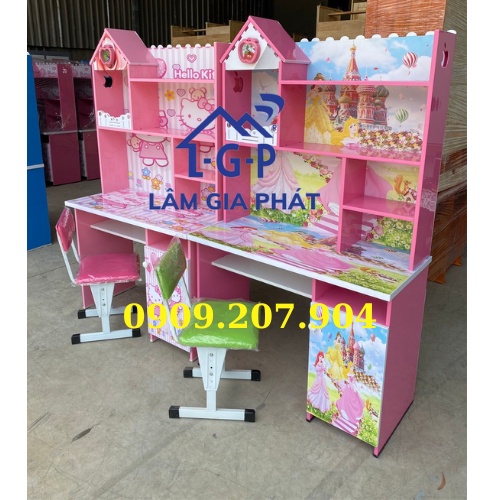 Bàn học sinh nhựa in 3D công chúa và mèo Kitty màu hồng cho bé gái