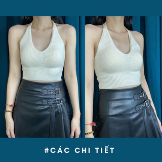 Áo croptop len màu kem cột dây