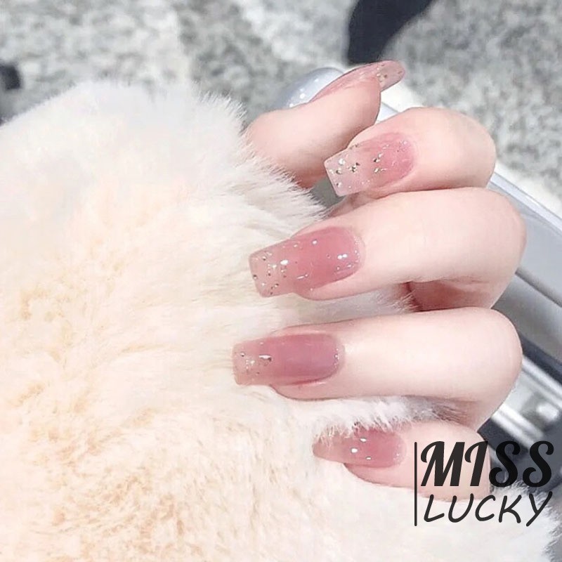 Bộ 24 Móng Tay Giả Dáng Dài Đính Kim Tuyến Màu Hồng Cho Nữ