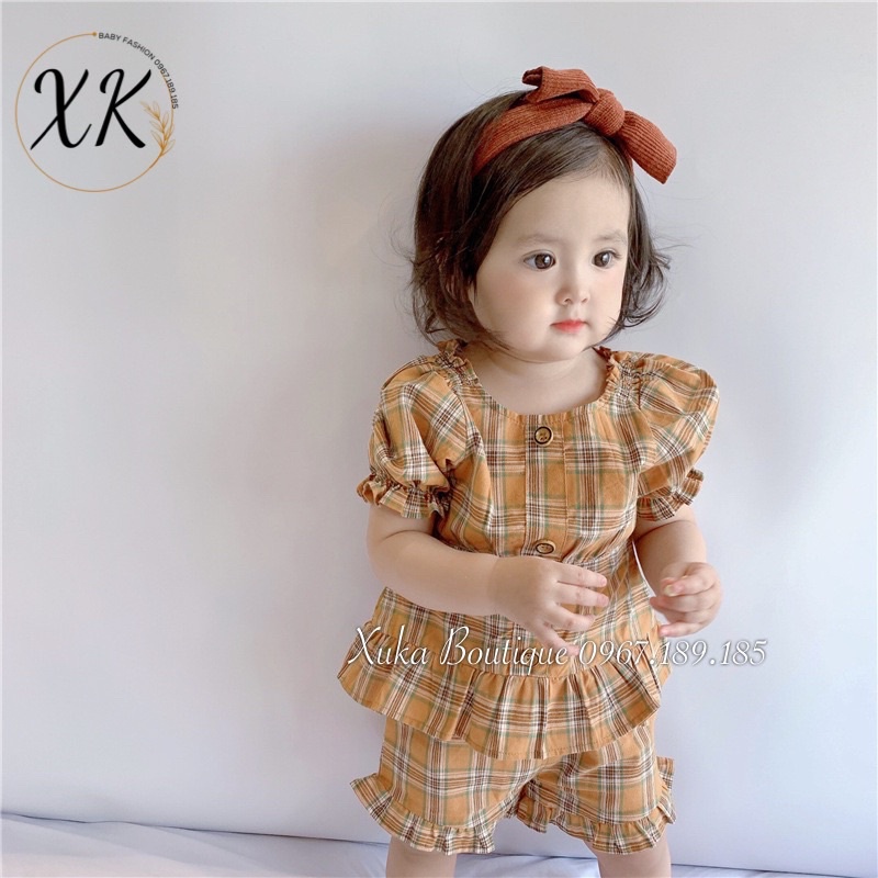 Bộ Quần Áo Cộc Tay Bé Gái Kẻ Nâu Vàng Cực Tây 0-2 Tuổi Xuka Boutique Set Quần Áo Trẻ Em 2022