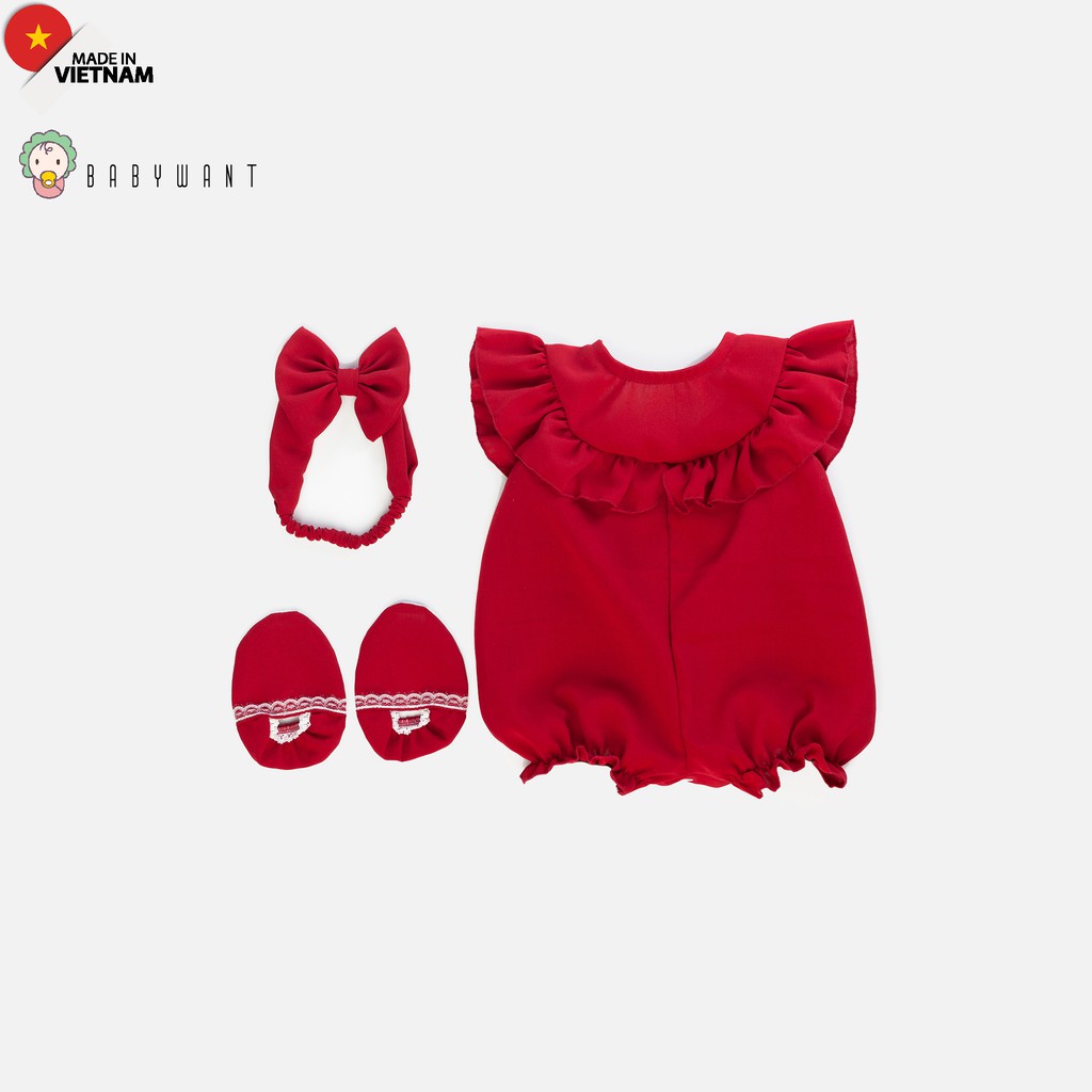 Bộ đồ jumpsuit cho bé gái trẻ sơ sinh màu đỏ  body+turban+giày vải