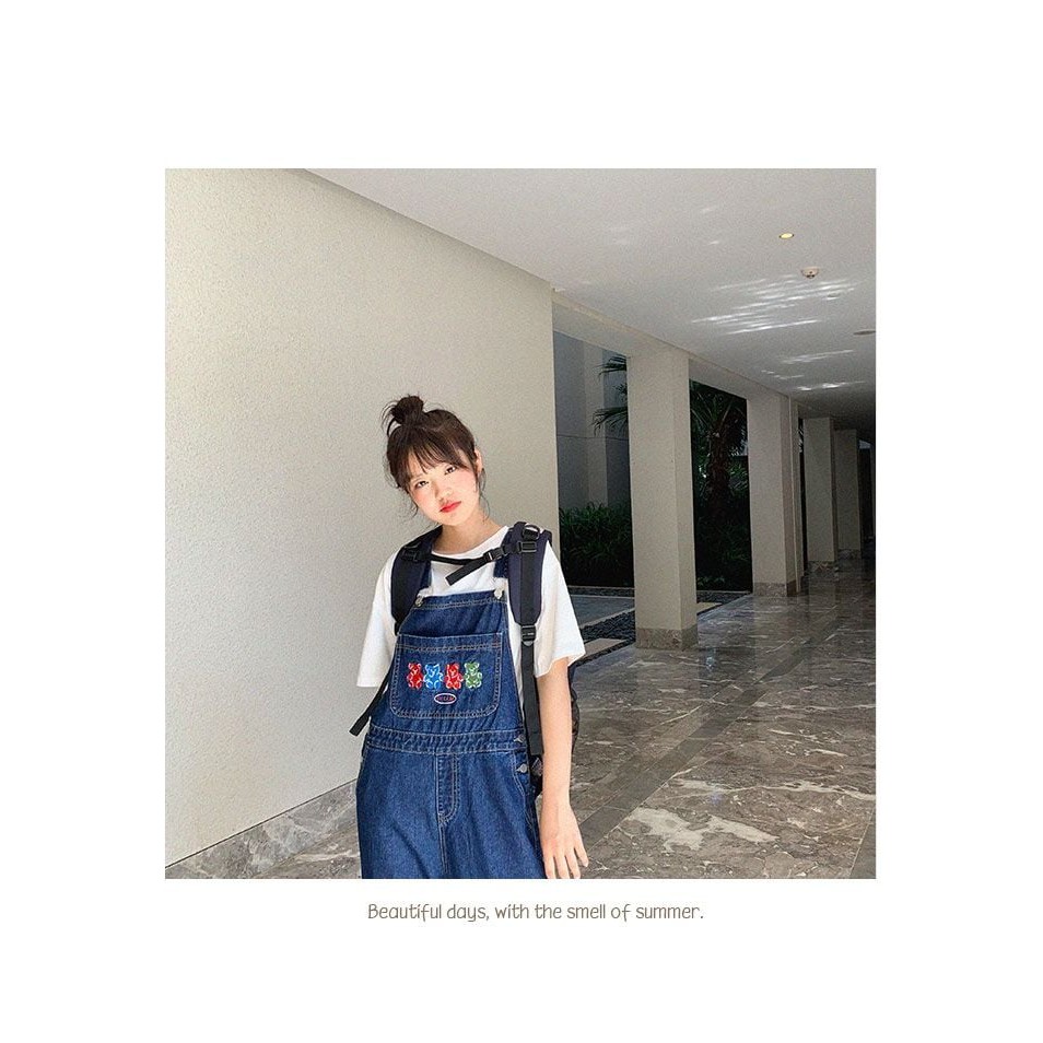 Quần yếm bò xanh đậm hình 3 chú gấu bear xinh xắn ống dài suông hách dáng hot TikTok