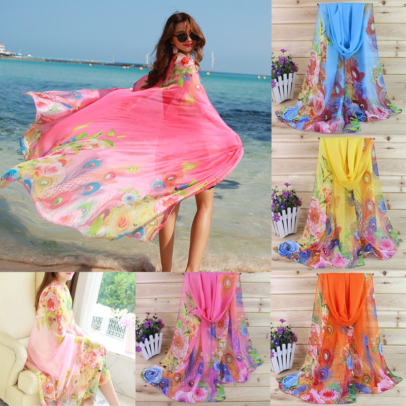 Khăn Choàng Cổ Dài 150 * 45cm In Họa Tiết Lông Công Thời Trang Mùa Hè