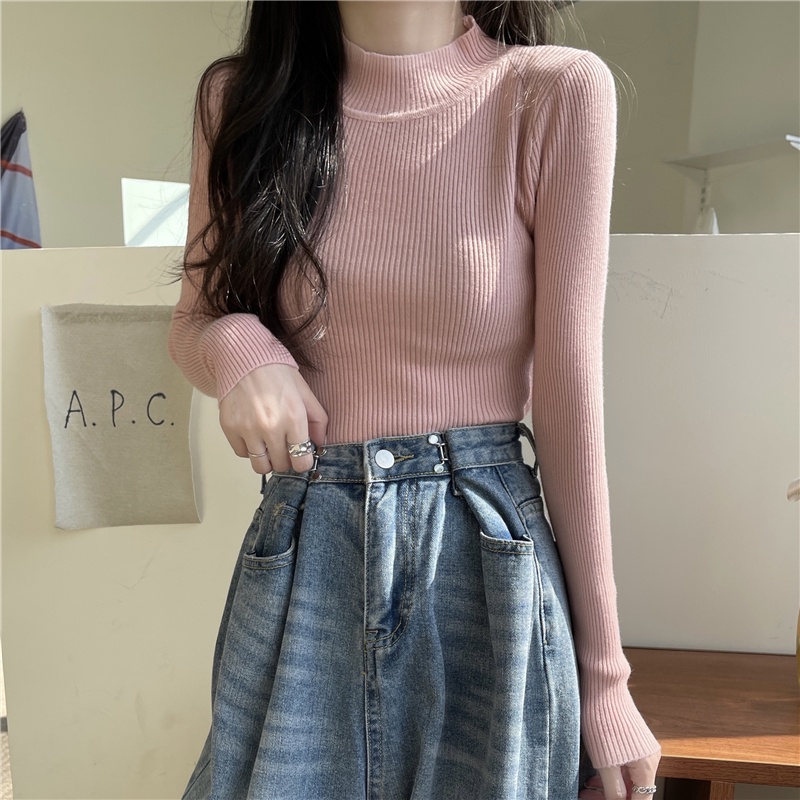 Áo XIAOZHAINV tay dài cổ cao màu trơn đơn giản dễ phối đồ cho nữ