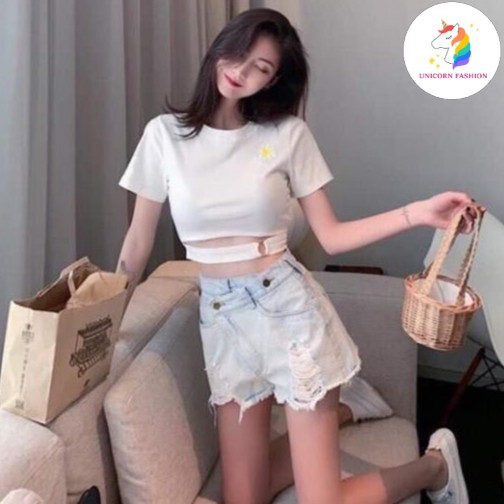 Áo Croptop Thêu Hoa Cúc Phối Khoen Eo Borip Thun Gân Nữ Cá Tính Màu Tím/Đen/Trắng/Vàng DRACR15 Mys Unicorn Fashion