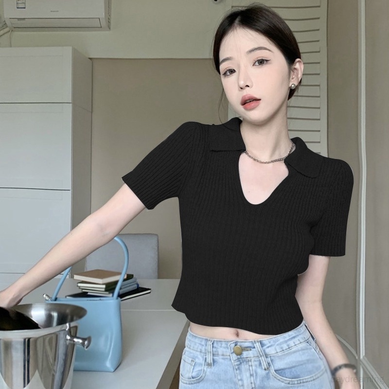 Áo Croptop Màu Trơn Cổ Bẻ Thời Trang Mùa Hè Cho Nữ