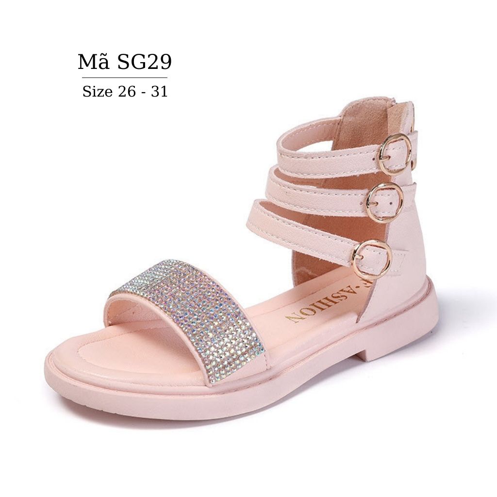 Sandal cho bé gái SG29 babyhattieu màu hồng cho trẻ em 3 - 12 tuổi chống trơn trượt có khóa kéo mang êm không đau chân