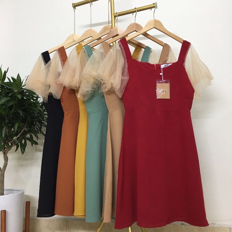 váy cổ vuông tay bèo Quảng Châu nhiều màu xinh xắn