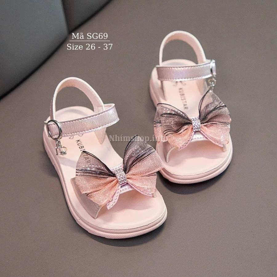 Dép quai hậu sandal bé gái đi học da mềm đế êm kiểu dán tiện dụng gắn nơ điệu tím hồng cho trẻ em nữ 3 - 12 tuổi SG69