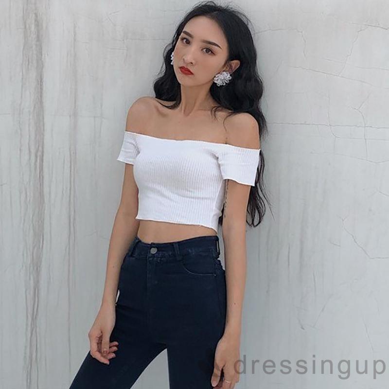 Áo Thun Tay Ngắn Cổ Thuyền Màu Sắc Đơn Giản Cho Nữ