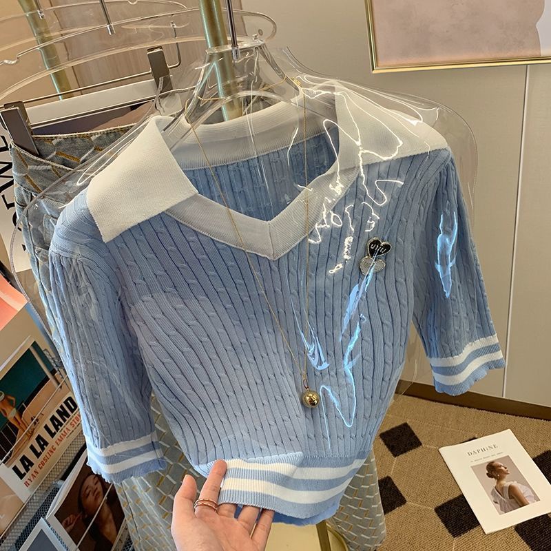 Áo polo Pure Cube ngắn tay bằng lụa lạnh dệt kim ôm dáng thời trang mùa hè dành cho bạn nữ