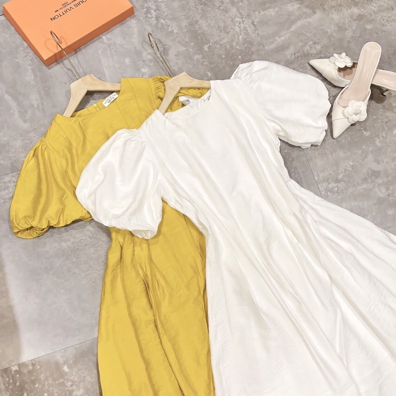 Váy li tay bồng cổ tròn 2 màu | BigBuy360 - bigbuy360.vn