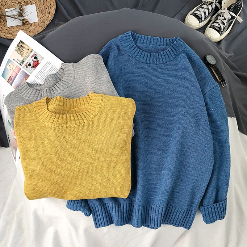 Áo sweater IELGY dáng rộng cổ tròn màu trơn thời trang Nhật cá tính cho nam