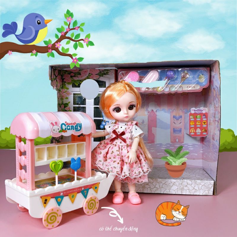 Búp Bê Công Chúa Chibi 3D, elsa Kèm Xe Đẩy, Thú Cưng Cho Bé Gái