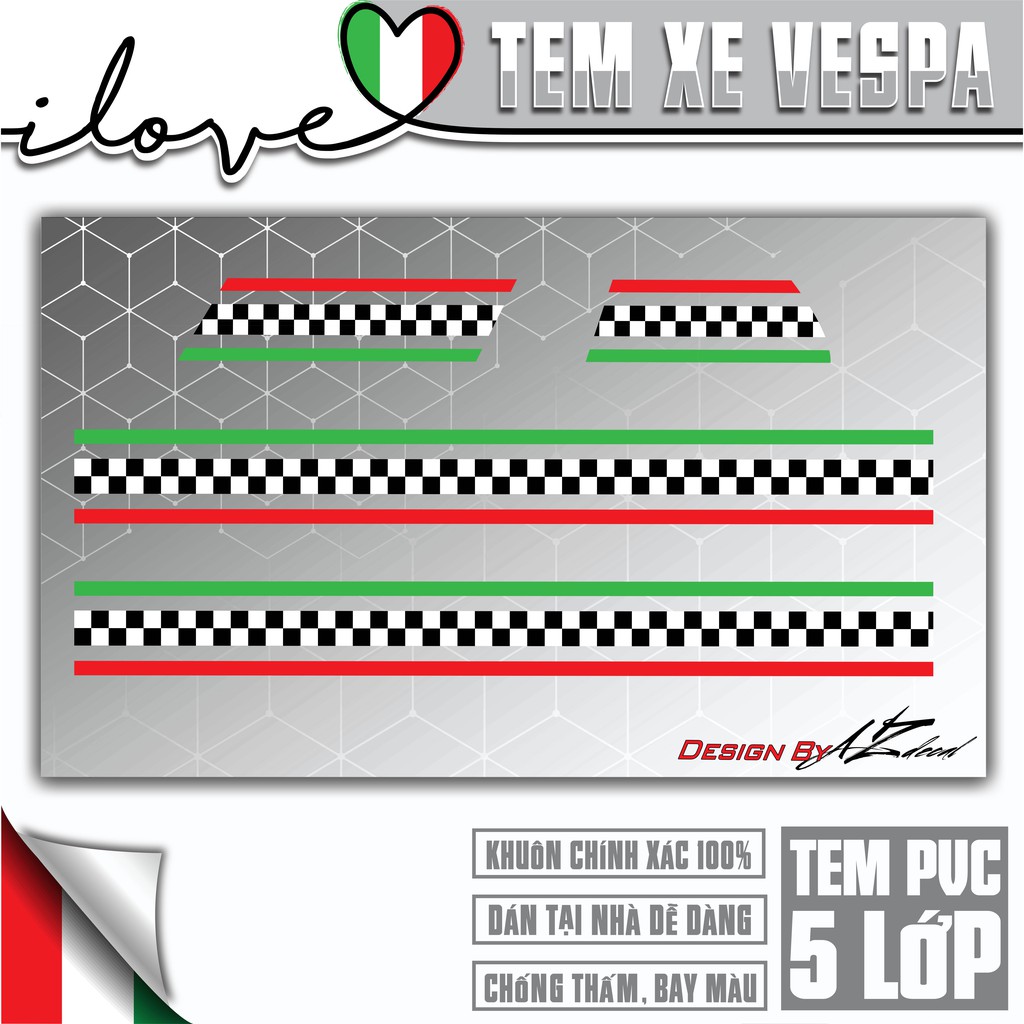 Tem Dành Cho Xe Vespa Sprint/LX/GTS Phong Cách Cờ Italia Mix Caro | VP04 | PVC Cao Cấp Chống Nước, Chống Bay Màu