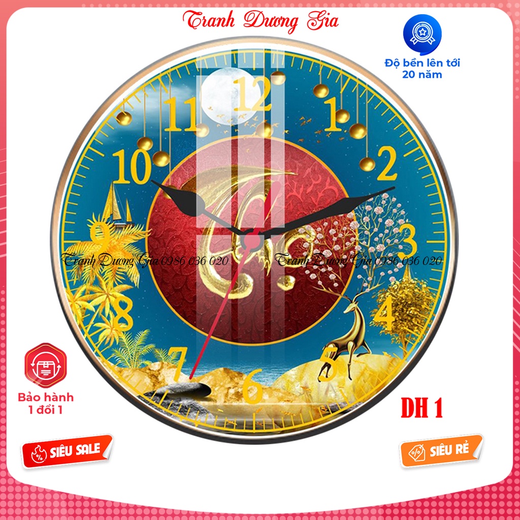 Tranh đồng hồ tròn tráng gương treo tường mẫu phúc lộc thọ phong phong cách hiện đại sáng bóng sang đẹp