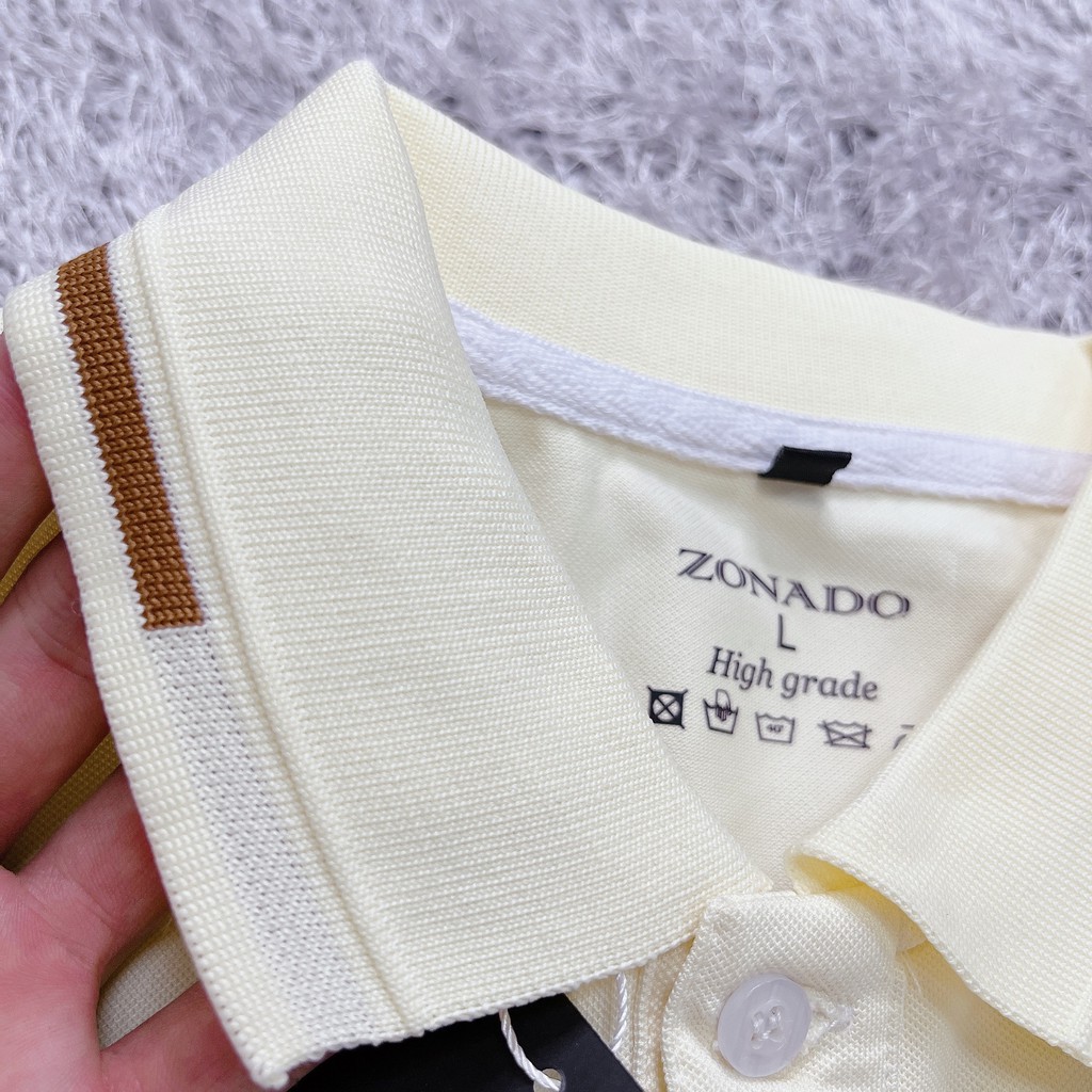 Áo polo nam cao cấp vải cotton dệt kim màu kem co dãn 4 chiều, Phối viền nâu sang trọng lịch lãm A03 - ZONADO
