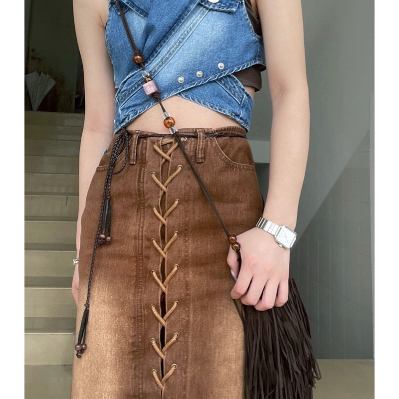 Chân Váy Denim Dài Lưng Cao Thời Trang Mùa Hè Cho Nữ