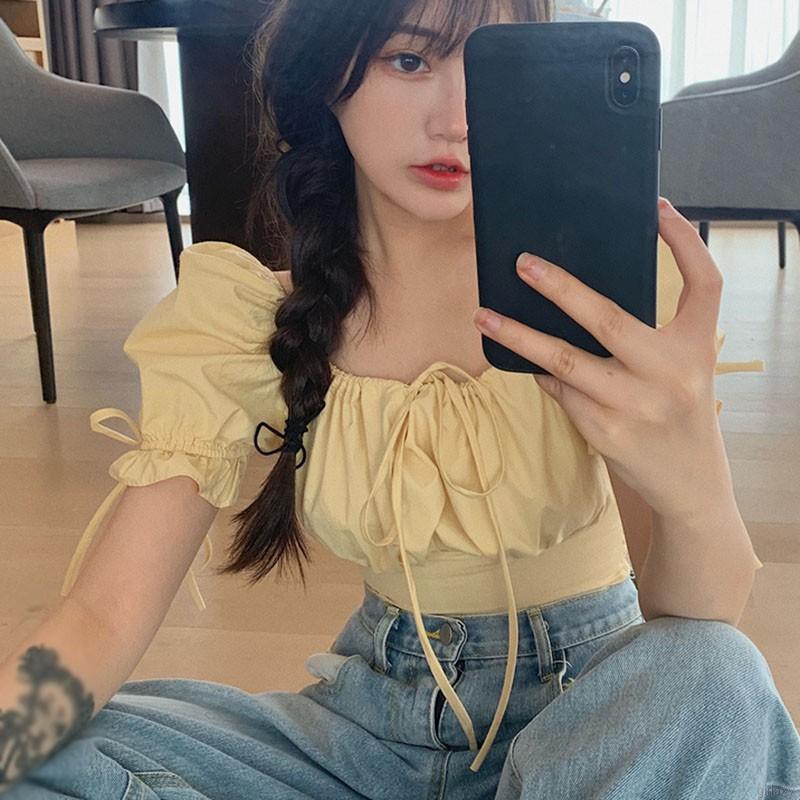 Áo Sơ Mi Ngắn Tay Màu Trơn Phối Nơ Buộc Dây Kiểu Retro Hàn Quốc Cá Tính | BigBuy360 - bigbuy360.vn