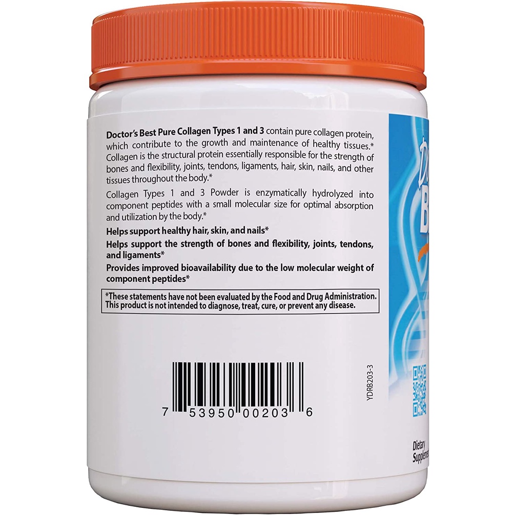 Doctor's Best Pure Collagen Types 1 and 3 Powder 200g - Bột Collagen hỗ trợ da, tóc móng, gân, khớp, sụn, xương